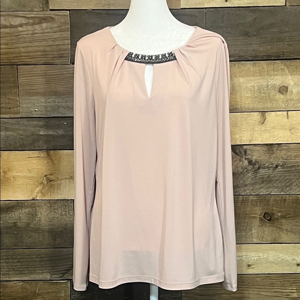 Elegant Pink Women's Top with Embellished Neckline